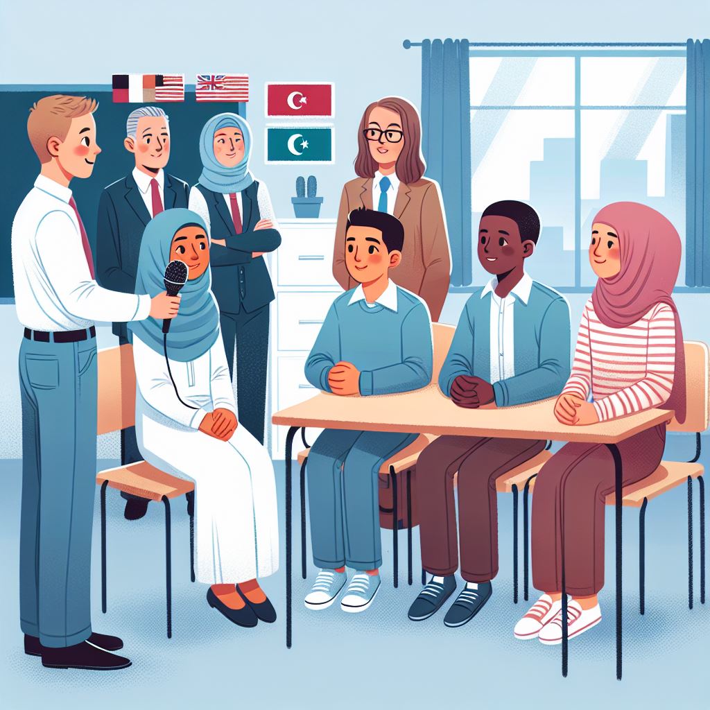 Grupo de personas de diferentes procedencias entrevistadas por un chico.