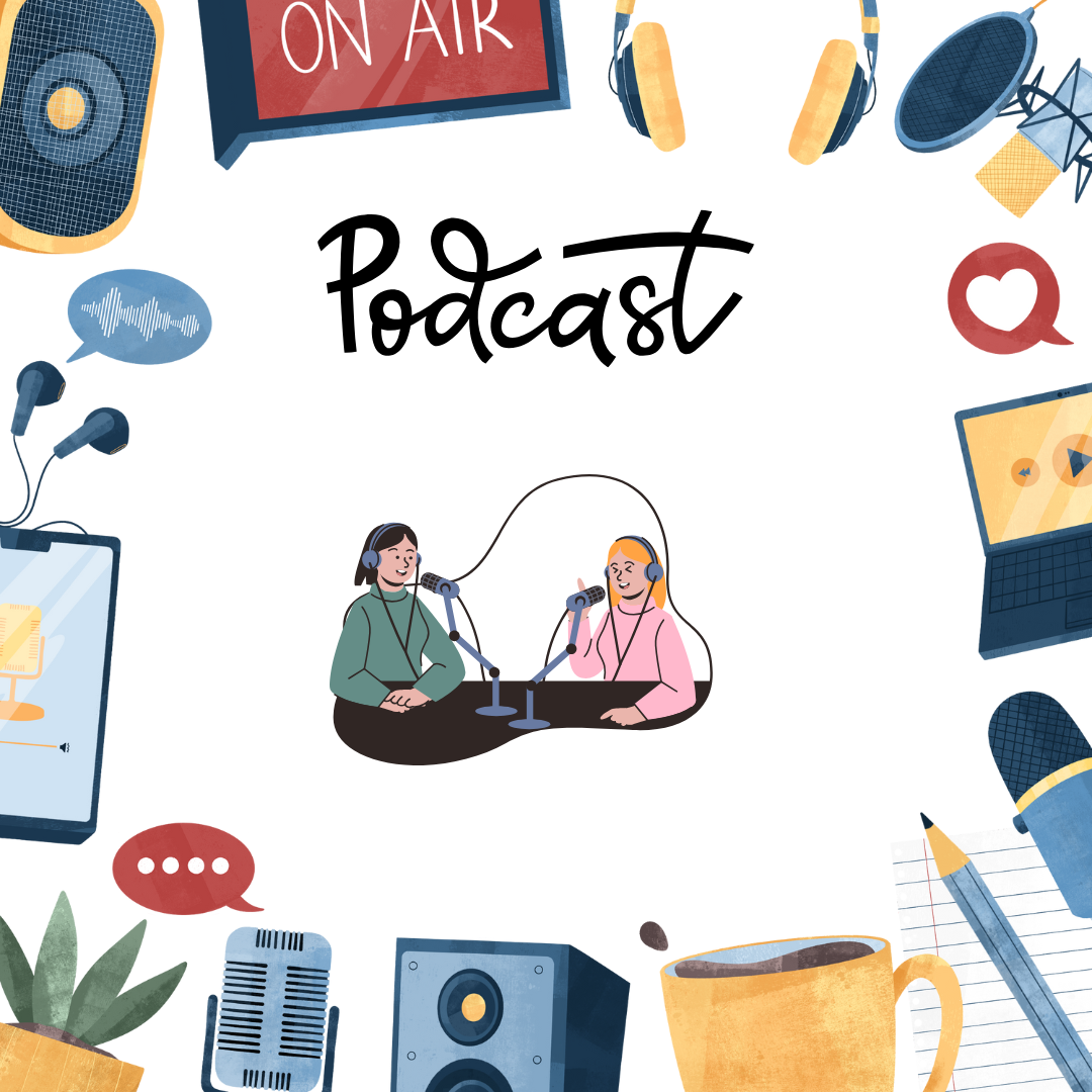 Ilustración con dos chicas jóvenes haciendo un Pódcast. A su alrededor hay un marco compuesto por elementos propios del mundo del podcaster, es decir, altavoces, micrófonos, auriculares, emoticonos de me gusta.