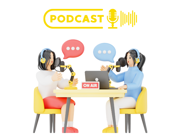 Ilustración, dos chicas durante la creación de un podcast